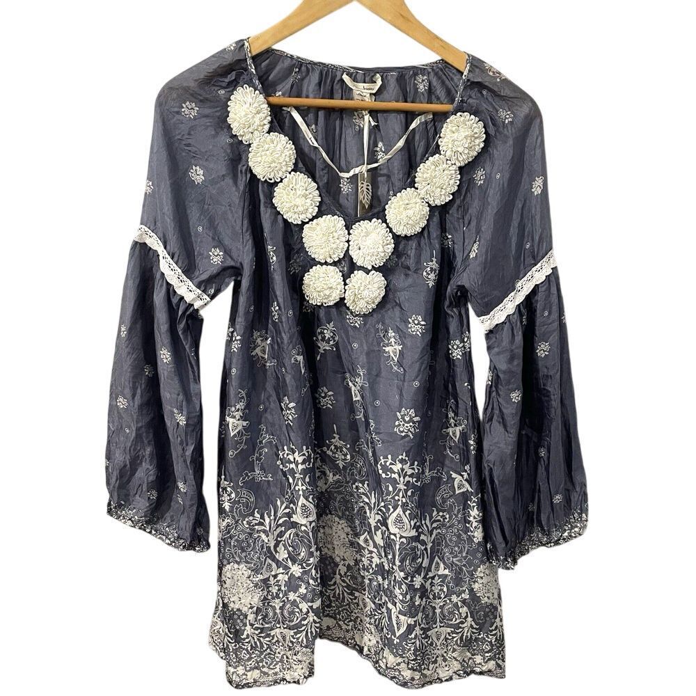 Trinity Dress Womens Small NEW Blue Floral Pom Poms 100%‎ Silk Boho Cottagecore